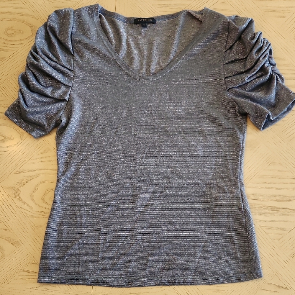 Pat Primo Blue Blouse with Ruched Sleeves Size Small